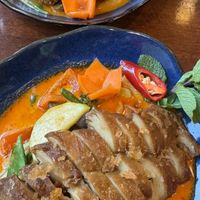 Vegan duck and vegan crispy tofu with red Thai curry   at Sen Veggie in Erding