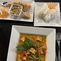 fried tofu app (we already grabbed a few pieces), their cute rice butterflies and panang curry with tofu all vegan!   #Veganuary at Bangkok at Beltline in Richardson