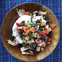 Stir-fried Thai basil. Fresh  and tasty, but if you don’t eat spicy food, ask them to skip the bird chilies!   at Vegetarian for Healthy in Chiang Dao