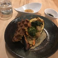 Seitan Mushroom casserole in roasted acorn squash was delish. The waffle bread was just ok at Invitation V in Montreal