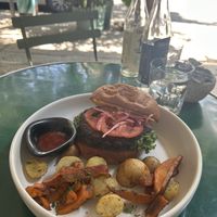 Beetroot burger with potatoes (inc. sweet potatoes).  at Cafe Communidad in Mexico City