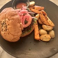 Beet burger with potatoes   at Cafe Communidad in Mexico City