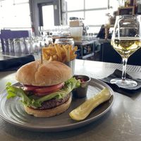 Vegan burger & fries  at The Woods Restaurant in Denver