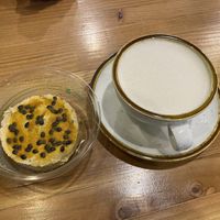 Vegan Passion Fruit cheesecake and Vegan Chai Latte   at Three Pines Coffee Company  in South Lake Tahoe