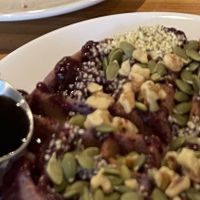 A very cropped picture of superfood waffle (not pictured, warm banana bread 🤤)  at Three Pines Coffee Company  in South Lake Tahoe