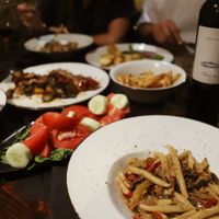 Žrnovski makaruni with vegetables, salad, wok veggie, fries and homemade potatoes with local spices at Konoba Mareta in Korcula