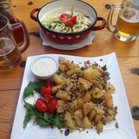 Vegan Croatian Zucchini Macaroni & Roasted Potatoes with Pine nuts & Sunflower Seeds  at Konoba Mareta in Korcula