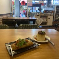 Rice cake and vegetarian sausage roll  at Xiangxiang Vegetarian in Chiayi