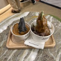 black sesame with peanut butter. pistachio with 2 flavours of homemade mochi and biscoff sauce   at Thank You Cup - Siam Paragon in Bangkok