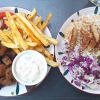 Gyros plate and tempeh with Persian rice at Veganistan in Athens