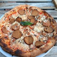 Vegan chorizo and mushroom pizza at Lou in Lille