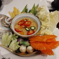 Soya bean dip with very interesting vegetables for starters at Vegan Mahanakhon in Bangkok