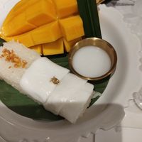 Amazing dessert of coconut sticky rice and delectable mango at Vegan Mahanakhon in Bangkok