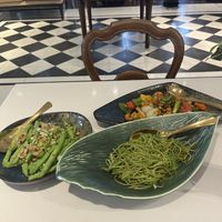 Beans, morning glory, and cashew chikn  at Vegan Mahanakhon in Bangkok