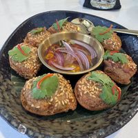 
VEGAN DEEP-FRIED DOUCH WITH SAVOURY FILLING  at Vegan Mahanakhon in Bangkok