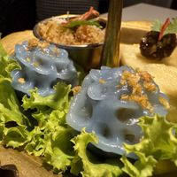 Blue dumplings   at Vegan Mahanakhon in Bangkok