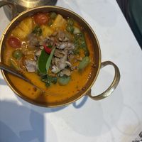 red curry with lychee and pineapple  at Vegan Mahanakhon in Bangkok