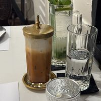 Thai tea, water with lime and mint   at Vegan Mahanakhon in Bangkok