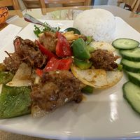 Lemongrass and pepper “chicken” - it’s marked as spicy, but I used the table sauce to make it spicier.   at Chay Restaurant in Falls Church