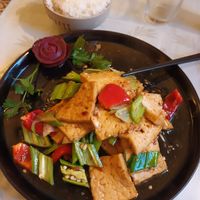 Homemade tofu with vegetables and rice (nr. 49) at Mui Gong 梅江饭店 in Lund