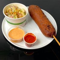 hand-dipped Impossible corndog + potato salad (plated at home) at Tim's Tavern in Seattle