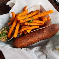 Vegan corn dog and sweet potato fries at Tim's Tavern in Seattle
