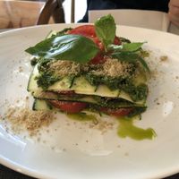 Raw courgette, tomato and pesto lasagne with almond Parmesan    at Ah! La Belle Histoire in Concarneau