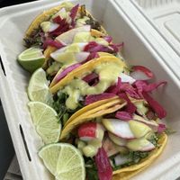 4 different flavors! Al Pastor, Verde, Mushrooms - all delicious!   at Fredo's Vegan Tacos in Tamarindo