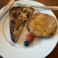 Plated French toast and pancakes  at Replika in Dubai