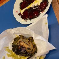 Artichoke (juicy and delicious) and beets  at Goli Restaurant in Budapest