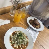 Halušky lunch break and fried tofu with plum sauce and potatoes   at Moment in Prague