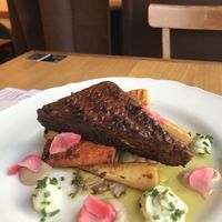 Amazing tempeh with root vegetables  at Moment in Prague