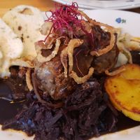 "Duck", potatoes & red cabbage main course at Moment in Prague