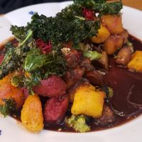 Gnocchis and tempeh main course at Moment in Prague