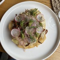 lopas with pesto and dill sauce. smoked mushrooms on top  at Moment in Prague