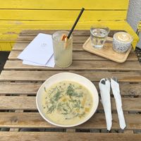 Leech Soup (Daily Menu) with homemade Rhubarb-Ginger Lemonade and Cappuccino with oatmilk  at Moment in Prague