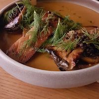 Marinated king oyster mushrooms in pumpkin-dill sauce at Moment in Prague