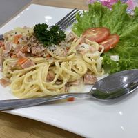Spaghetti carbonara, 130 baht  at Apple Vegan Cafe & Restaurant - ร้านอาหารเจ คาเฟ่เจ in Pattaya