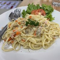 Spaghetti with white cream sauce, 130 baht  at Apple Vegan Cafe & Restaurant - ร้านอาหารเจ คาเฟ่เจ in Pattaya