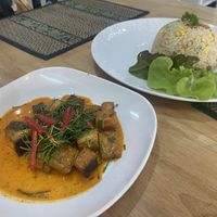 Rice with crispy pork and sea bass  at Apple Vegan Cafe & Restaurant - ร้านอาหารเจ คาเฟ่เจ in Pattaya