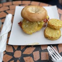 Vegan bagel with sausages, hash browns, cheese and tomatoes - Thirteen, Whitley Bay  at Thirteen in Whitley Bay