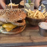 burger with onion rings and walnut dip  at The Street - Belehradska in Prague