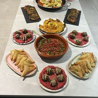 table with all the dishes!  at In Bloom Vegan Cooking School in Barcelona