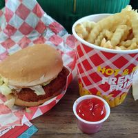 Veggie Chicken Sandwich and fries at Mr. Don's  in Springfield