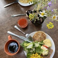 Hummus, filter coffee, pancakes and vegetable juice   at Symbiose in Leipzig