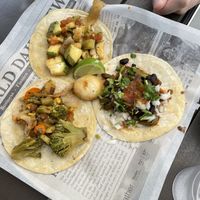 Three different veggie tacos with no cheesee  at Diablos Tacos & Mezcal in Hot Springs