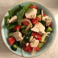 Fatoosh salad with vegan ricotta  at Zakaim - Vegan Boutique in Tel Aviv
