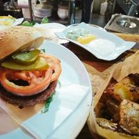 Beyond burger with potatoes at Zakaim - Vegan Boutique in Tel Aviv
