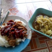 The red sauce wasn't ketchup, and it added a strong, nice contrast to the cabbage stew that came with both days' lunches. at Lan Gae in Chiang Saen