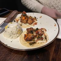 Tempura battered cauliflower tacos (minus one taco that has already been devoured lol)  at 13 Tacos & Taps in Raleigh